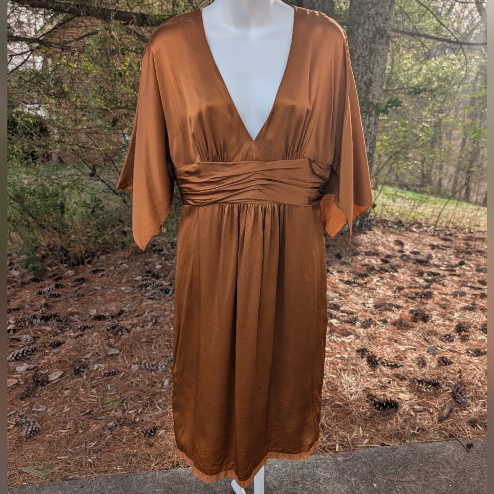 BCBG Paris Women's Copper Shimmer Kimono Sleeve Silk Midi Dress Womens Size 10